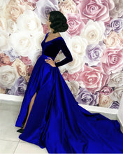 Load image into Gallery viewer, Long Sleeve Royal Blue Evening Gown With High Slit
