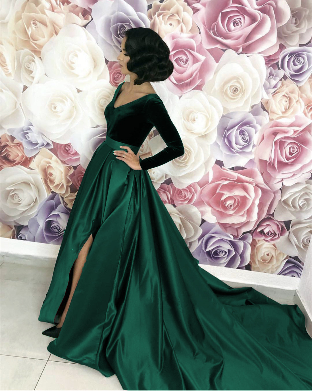 chinese dress ladies Elegant Green Prom Dress,Long Sleeve Evening Dresses, Velvet Emerald Green  Prom Gown cg18952 main image 1