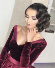 Load image into Gallery viewer, Long Sleeves Maroon Evening Gown With Deep V-neck
