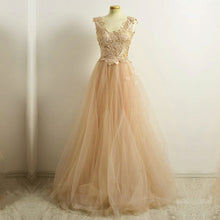Load image into Gallery viewer, A Line Lace Cap Sleeves Long Champagne Tulle Evening Dresses-alinanova
