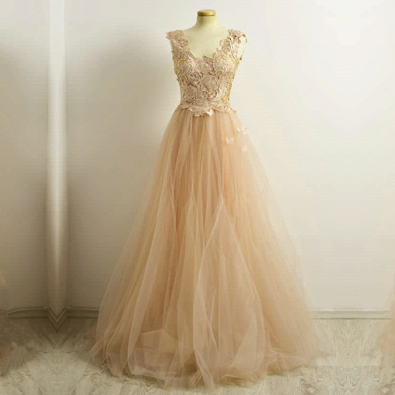 A Line Lace Cap Sleeves Long Champagne Tulle Evening Dresses-alinanova
