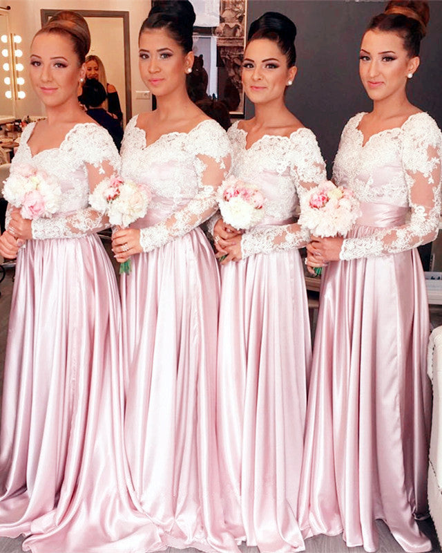 Modest Lace Long Sleeves Satin Bridesmaid Dresses Modest Lace Long Sleeves Satin Bridesmaid Dresses