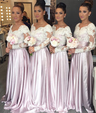 Load image into Gallery viewer, Modest Lace Long Sleeves Satin Bridesmaid Dresses
