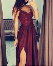 Load image into Gallery viewer, Maroon Prom Satin Long Dress Lace Appliques
