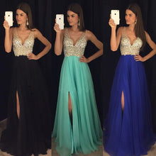 Load image into Gallery viewer, Deep V Neck Crystal Beaded Long Chiffon Prom Evening Dresses
