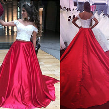 Load image into Gallery viewer, Two Piece Satin Prom Dresses With White Lace Crop Top

