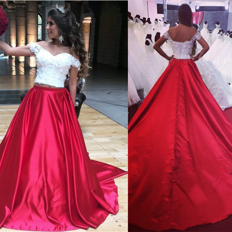 Two Piece Satin Prom Dresses with White Lace Crop Top