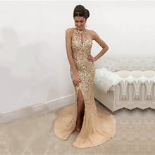 Load image into Gallery viewer, Champagne Crystal Beaded Mermaid Prom Dresses Halter Evening Gowns-alinanova
