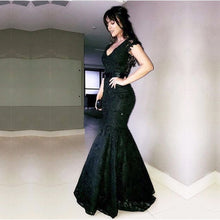 Load image into Gallery viewer, V Neck Bow Sashes Black Lace Mermaid Evening Dresses
