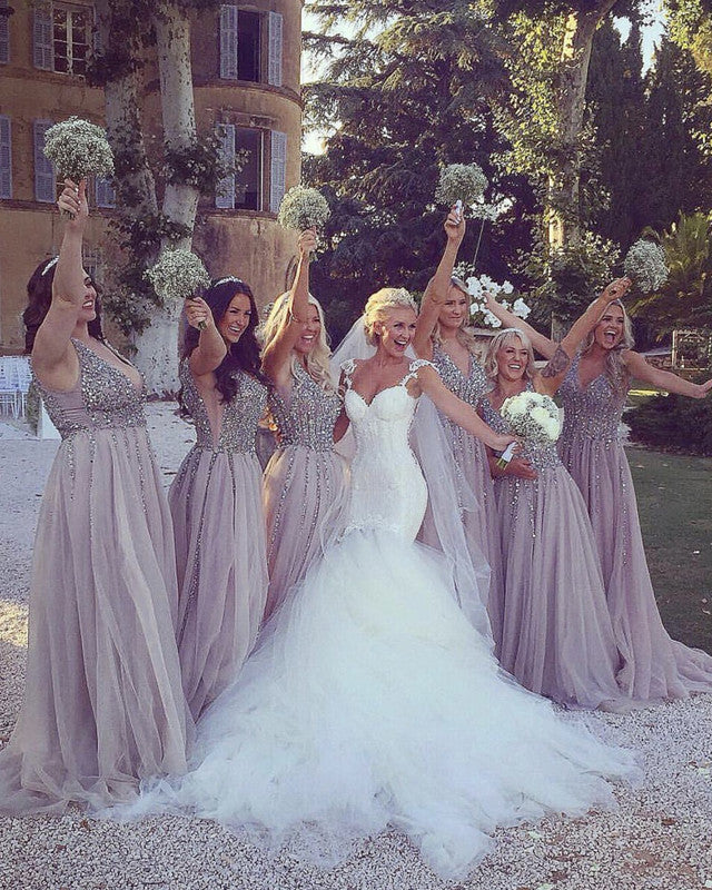 Deep V-neck Tulle Long Bridesmaid Dresses Sequin Beaded Deep V-neck Tulle Long Bridesmaid Dresses Sequin Beaded