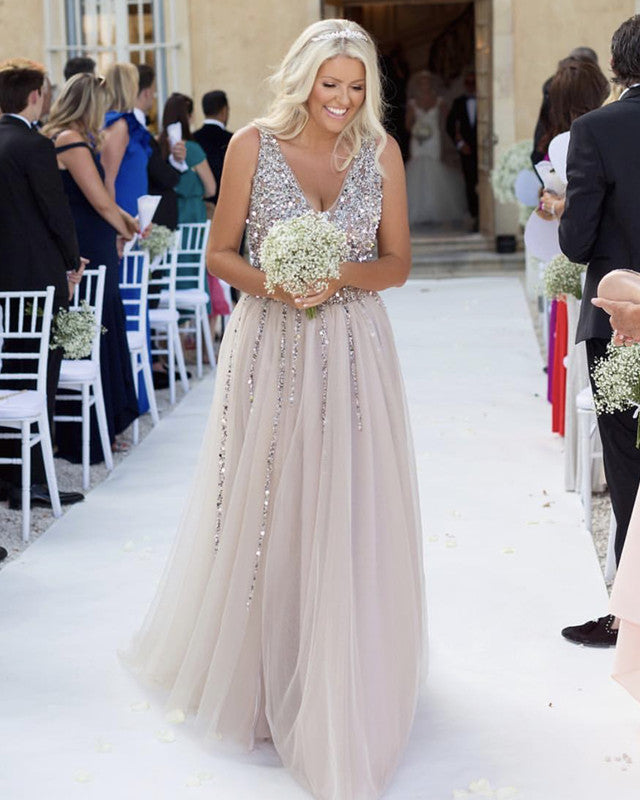Deep V-neck Tulle Long Bridesmaid Dresses Sequin Beaded