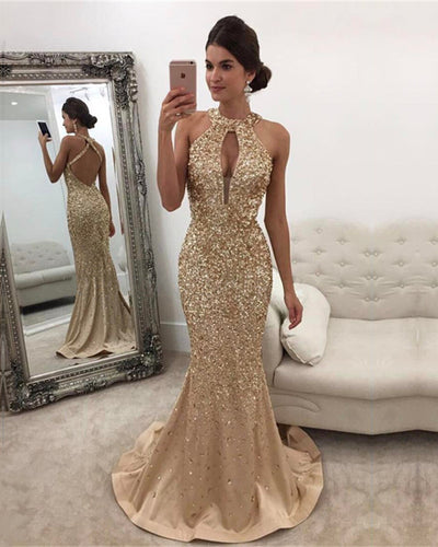 Champagne Mermaid Prom Dresses Crystal Beaded