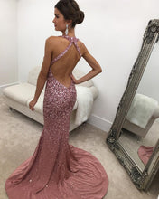 Load image into Gallery viewer, Long Satin Halter Mermaid Prom Dresses Crystal Beaded
