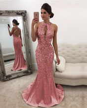 Load image into Gallery viewer, Pink Mermaid Prom Dresses Crystal Beaded
