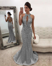 Load image into Gallery viewer, Silver Mermaid Prom Dresses Crystal Beaded Evening Gown
