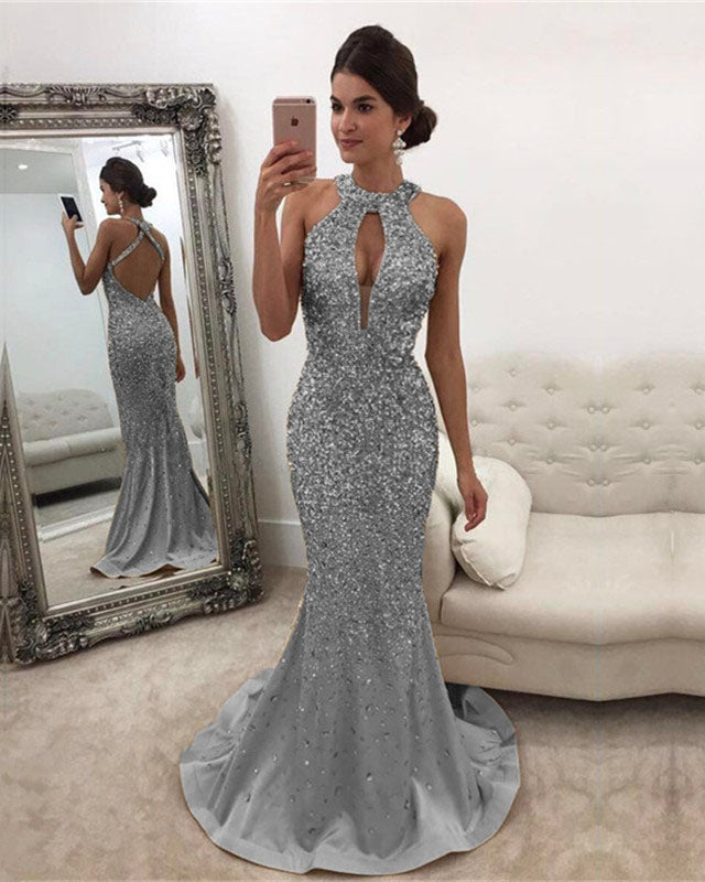 Long Satin Halter Mermaid Prom Dresses Crystal Beaded Long Satin Halter Mermaid Prom Dresses Crystal Beaded