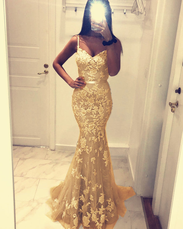 Lace Appliques Tulle V Neck Mermaid Prom Dresses Lace Appliques Tulle V Neck Mermaid Prom Dresses
