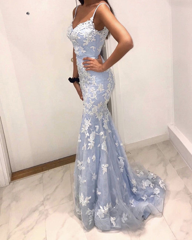 prom dresses 2021 mermaid Lace Appliques Tulle V Neck Mermaid Prom Dresses