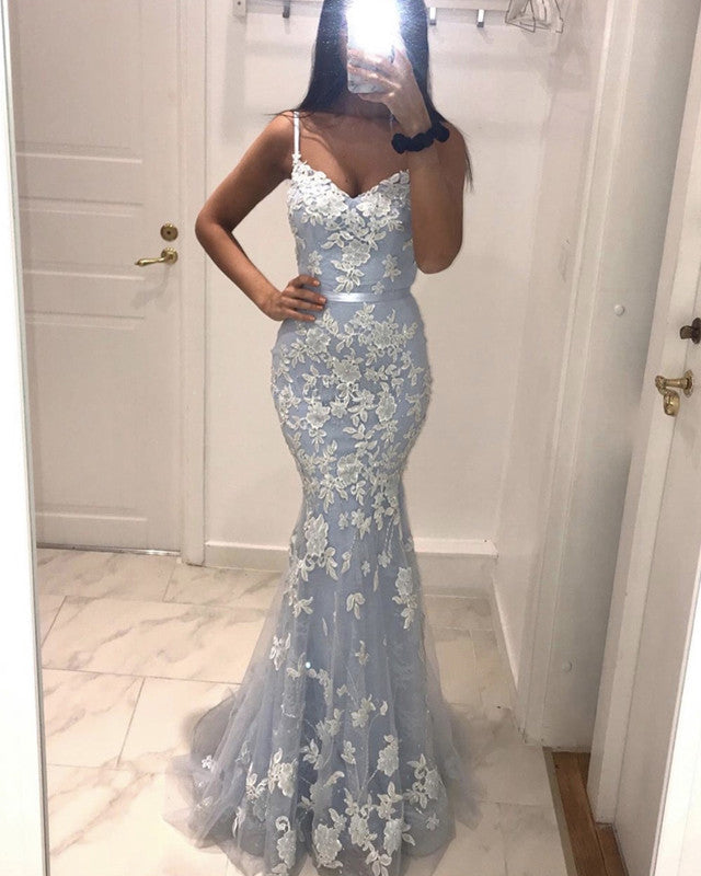 Light Blue Lace Mermaid Prom Dresses