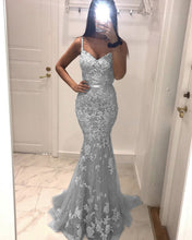 Load image into Gallery viewer, Silver Lace Mermaid Prom Dresses
