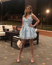Load image into Gallery viewer, Light Blue Lace Homecoming Dresses
