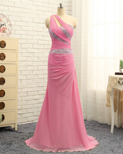 Pink One Shoulder Prom Dresses 2020