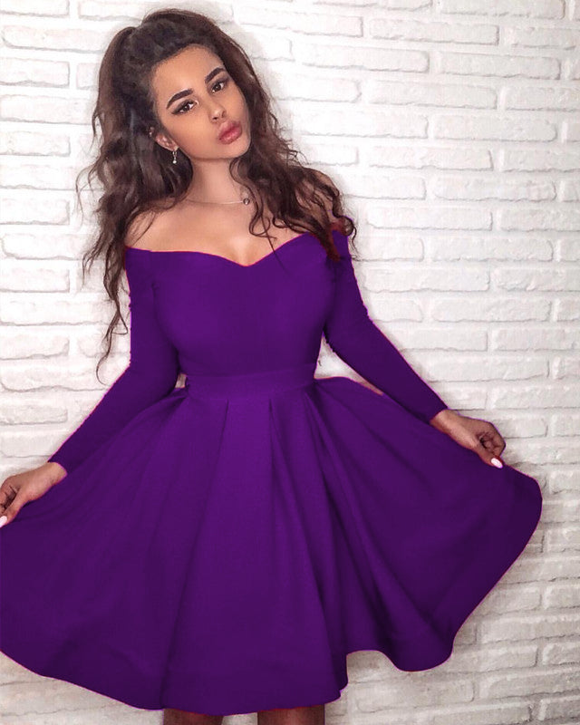 fitted lace wedding dress Purple Chiffon Bridesmaid Dress Online Short Byzantium Formal Dress W/Long  Sleeves(BM133) – DaisyFormals-Bridesmaid and Formal Dresses in 59+ Colors main image 0