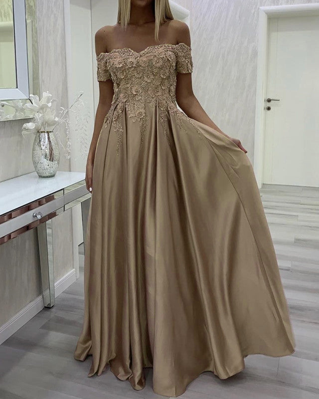 Lace Embroidery Evening Dress Long Satin Off Shoulder Lace Embroidery Evening Dress Long Satin Off Shoulder