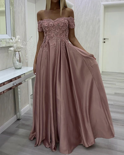 Elegant Prom Dresses Pink Off Shoulder Evening Gown Lace Embroidery