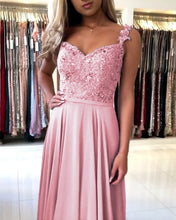 Load image into Gallery viewer, Dusty Pink Bridesmaid Dresses Long Chiffon Lace Beaded Spaghetti Straps
