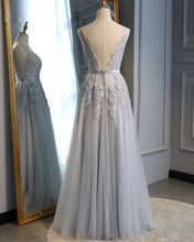 Load image into Gallery viewer, Tulle V Neck Bridesmaid Dresses Lace Appliques

