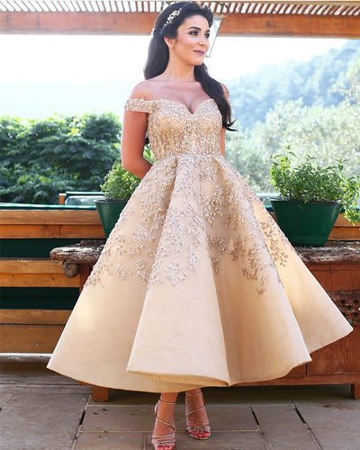 Champagne Evening Dresses Tulle Off Shoulder Ball Gown