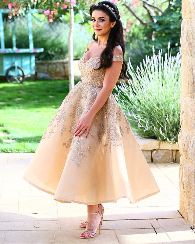 Tulle Off Shoulder Knee Length Evening Dresses Lace Appliques