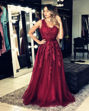 Load image into Gallery viewer, Burgundy Tulle V Neck Prom Dresses 2020
