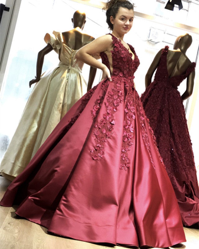 3D Flowers Embroidery V-neck Satin Ball Gowns Prom Dresses-alinanova