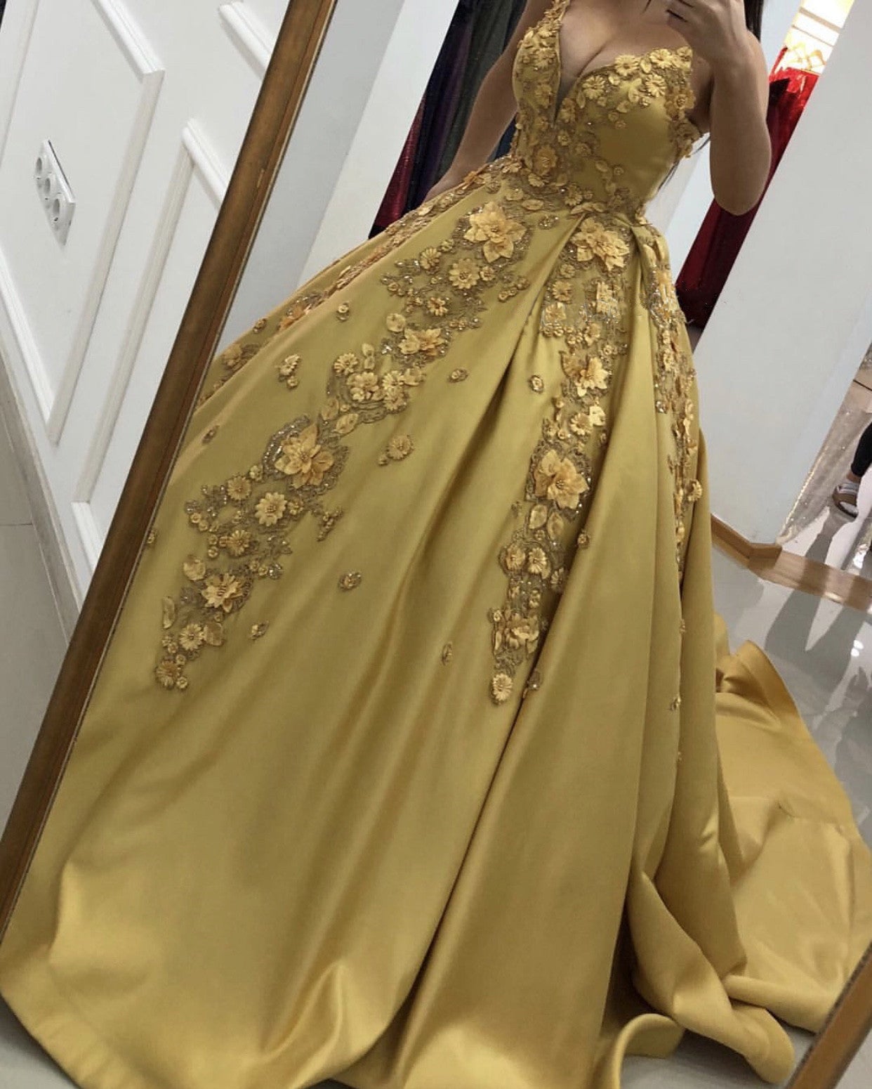 green emerald velvet dress Oscar Mustard Gold Satin Engagement Gown Perfect for Photo Shoots M main image 0
