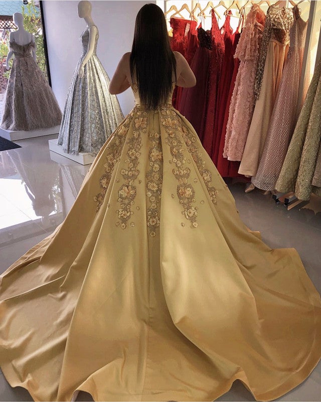 3D Lace Flowers Embroidery Satin Ball Gowns Wedding Dresses Gold 3D Lace Flowers Embroidery Satin Ball Gowns Wedding Dresses Gold