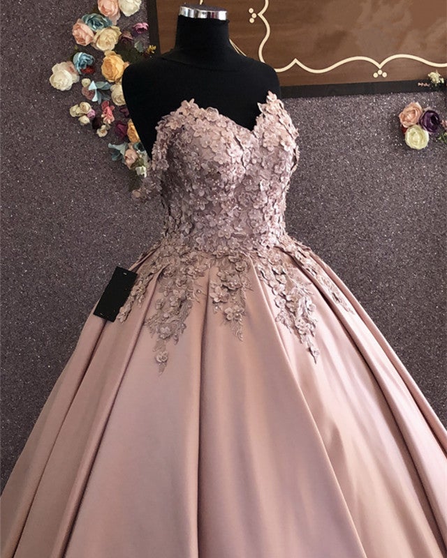 3D Lace Flowers Embroidery Sweetheart Satin Wedding Dresses Ballgown-alinanova