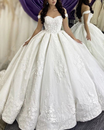 3D Lace Flowers Embroidery Wedding Ball Gown Off Shoulder-alinanova