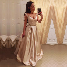 Load image into Gallery viewer, Deep V Neck Long Satin Champagne Evening Dresses Off Shoulder Prom Gowns-alinanova
