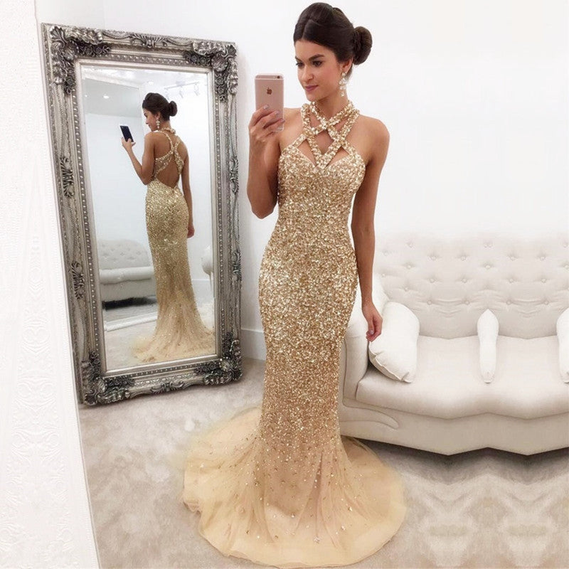 Beaded Crystals Mermaid Champagne Mermaid Evening Gown JTE384