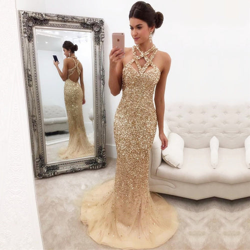 Fully Crystal Beaded Halter Long Champagne Mermaid Evening Gowns 2017-alinanova