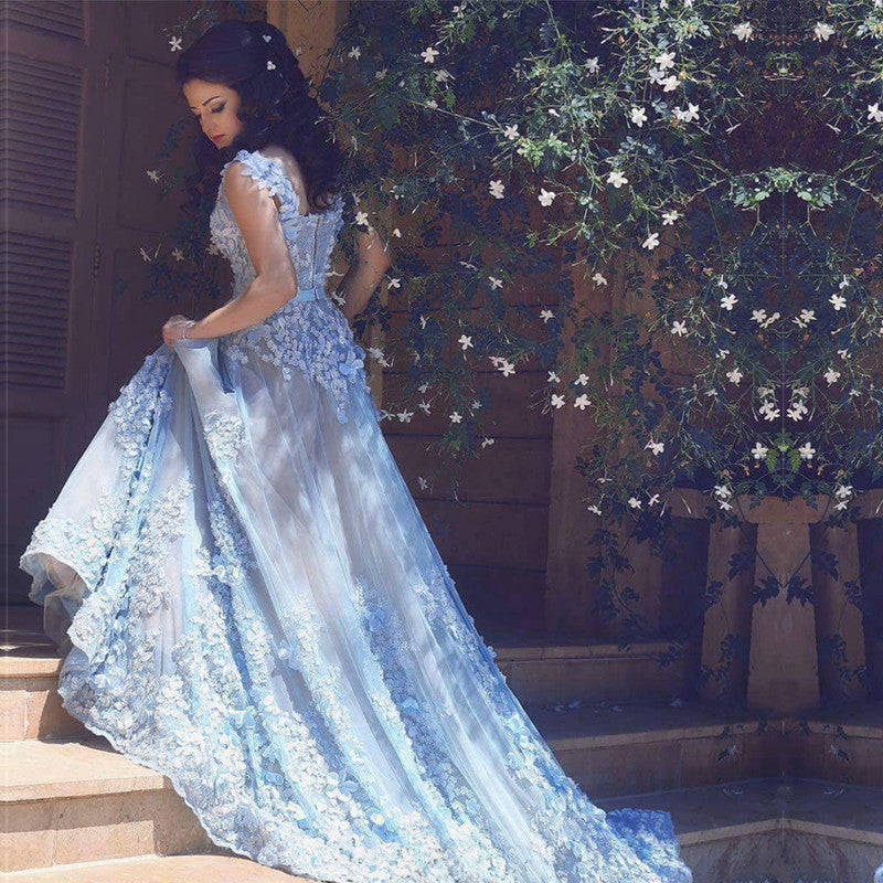 Elegant Spaghetti Straps Lace Flower Appliques Tulle Prom Dresses 2018-alinanova