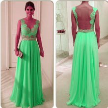 Load image into Gallery viewer, Lime Green Chiffon Prom Dresses Nude Back Lace Appliques
