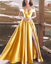 Load image into Gallery viewer, Gold-Prom-Dresses-Long-Satin-Off-Shoulder-Evening-Formal-Gowns-2019-Sexy
