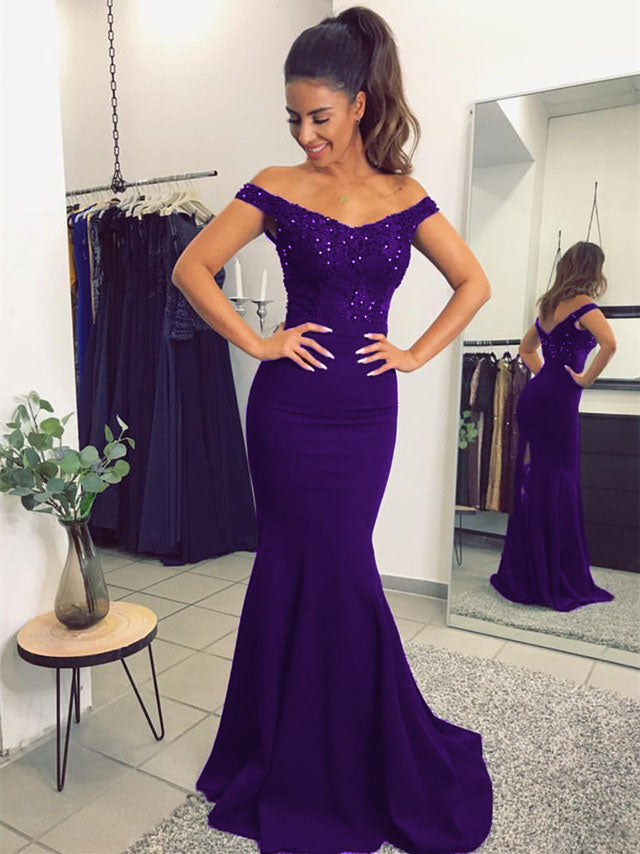 Purple Lace Beaded Mermaid V-neck Off The Shoulder Bridesmaid Dresses alinanova Purple Lace Beaded Mermaid V-neck Off The Shoulder Bridesmaid Dresses alinanova