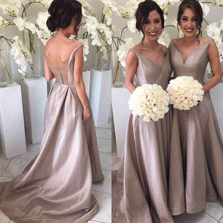 Deep V-neck Long Satin See Through Back Bridesmaid Dresses