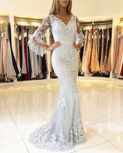Load image into Gallery viewer, Elegant Puffy Sleeves Lace V-neck Mermaid Prom Evening Dresses-alinanova
