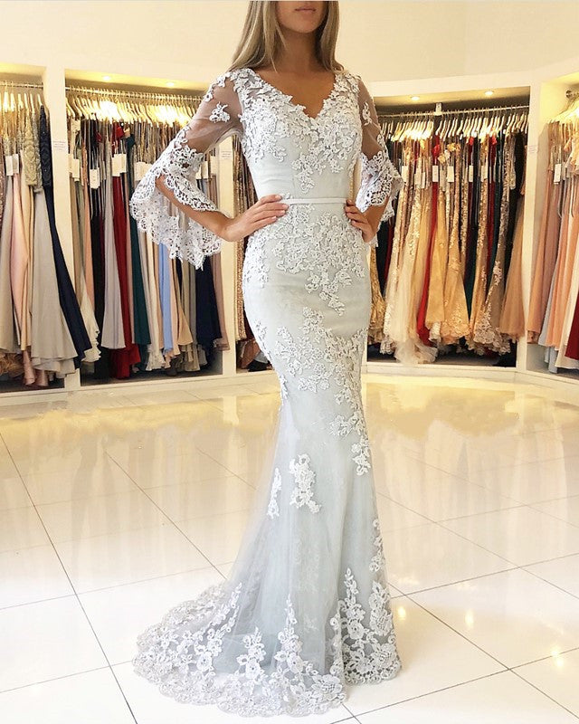 Elegant Puffy Sleeves Lace V-neck Mermaid Prom Evening Dresses-alinanova