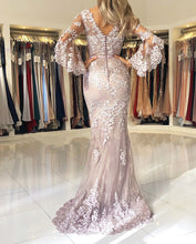 Load image into Gallery viewer, Elegant Puffy Sleeves Lace V-neck Mermaid Prom Evening Dresses
